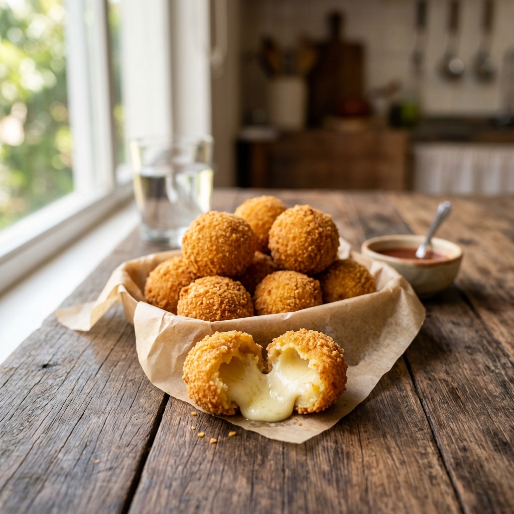 Bolinha de queijo crocante com queijo derretido